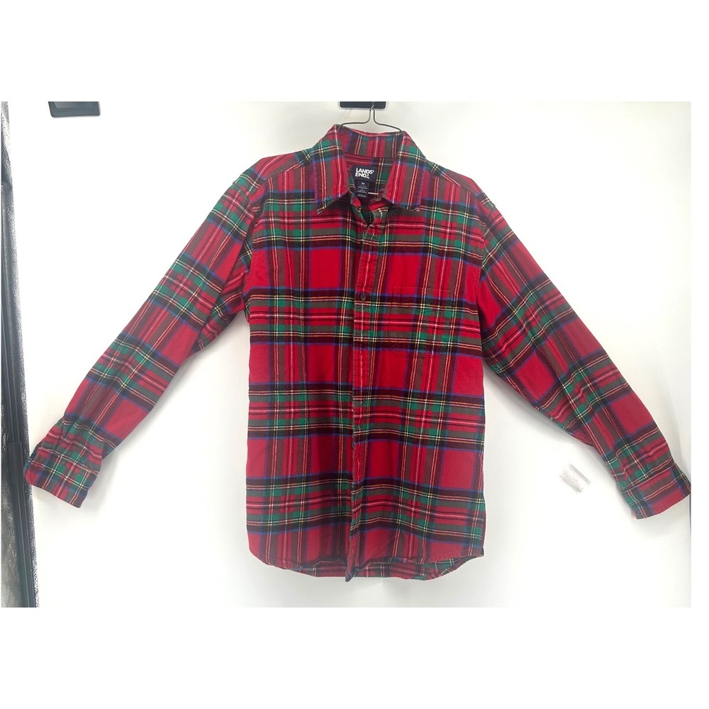 Lands End Mens Flannel Shirt Medium Red Tartan Plaid Traditional Fit 100% Cotton